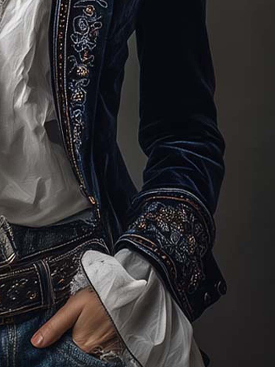 Sofía | Blazer Largo con Bordado en Solapas y Puños