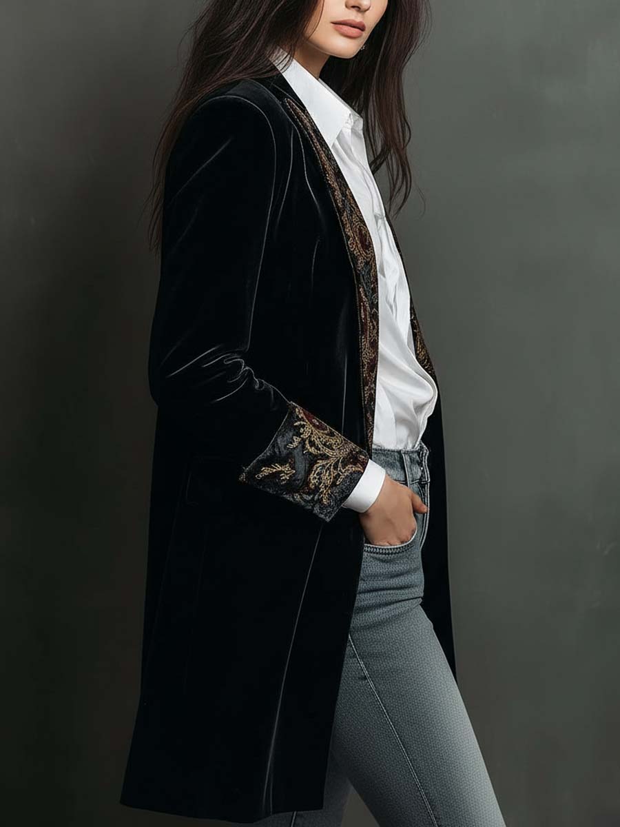 Regina | Blazer Largo con Solapas de Estampado Barroco