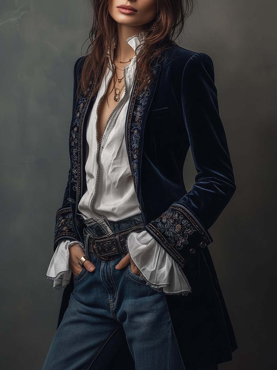 Sofía | Blazer Largo con Bordado en Solapas y Puños