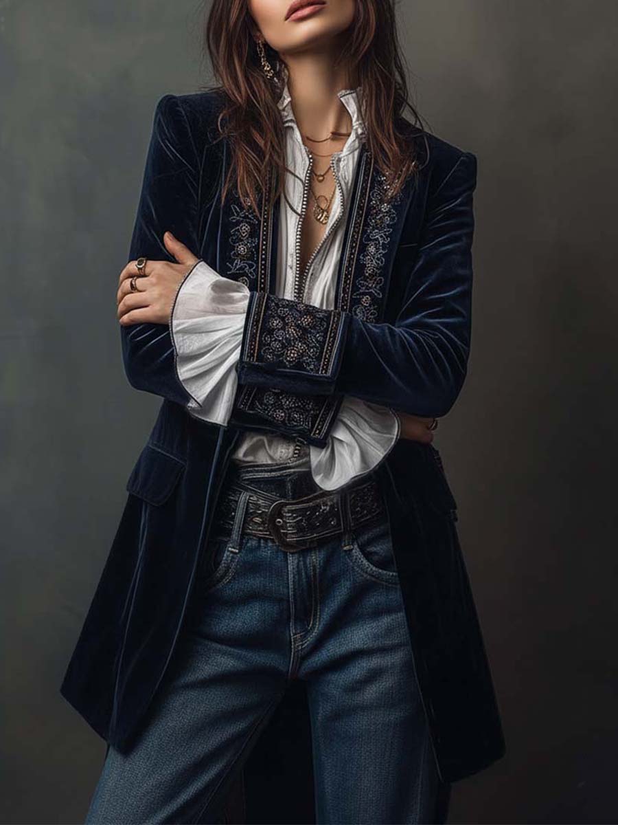Sofía | Blazer Largo con Bordado en Solapas y Puños