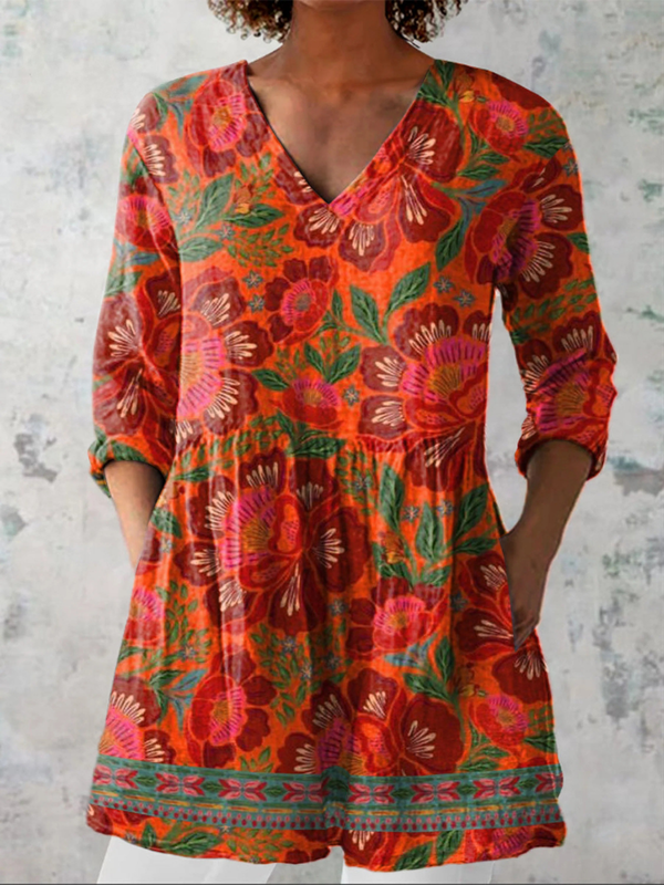 Leonor | Blusa Larga de Cuello V con Cenefa
