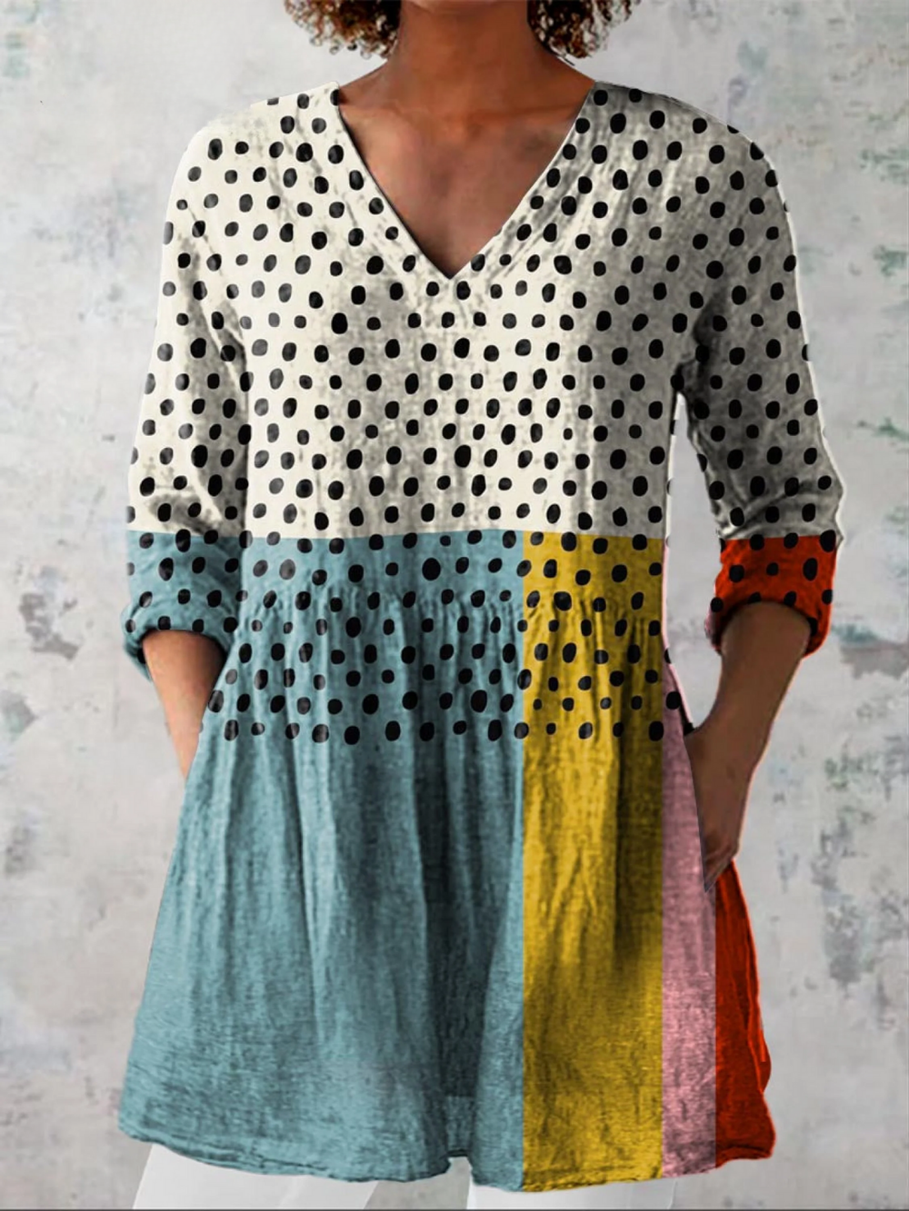 Beatriz | Blusa Larga de Lunares con Bloques de Color