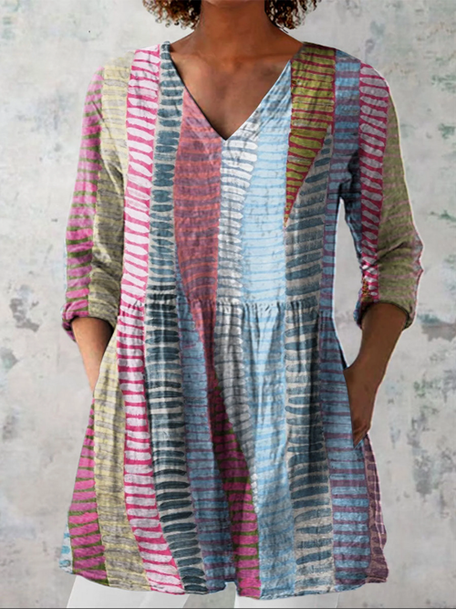 Carmen | Blusa Larga de Franjas Verticales con Trazos Horizontales