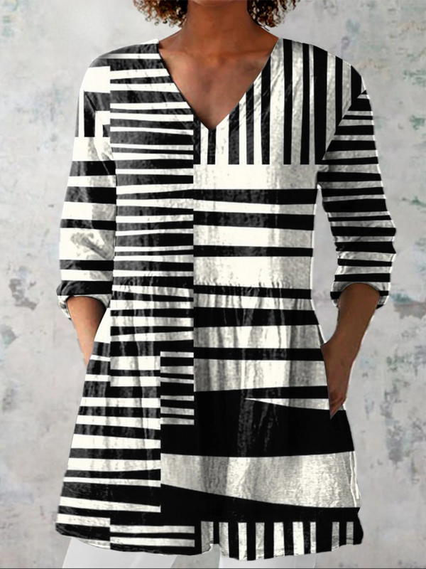 Adriana | Blusa Larga de Rayas Geométricas con Cuello V