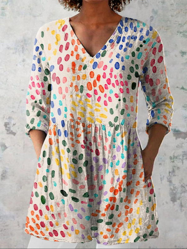 Laura | Blusa Larga de Cuello V con Estampado de Motas