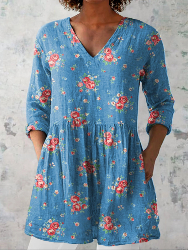 Julia | Blusa Larga de Cuello V con Ramitos de Flores