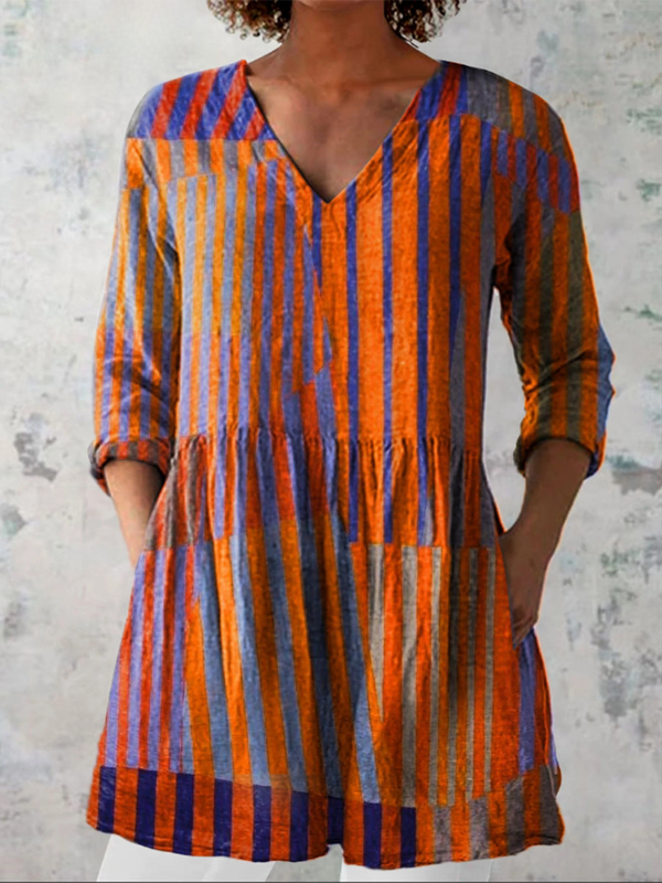 Cecilia | Blusa Larga de Rayas Verticales con Dobladillo Contrastante