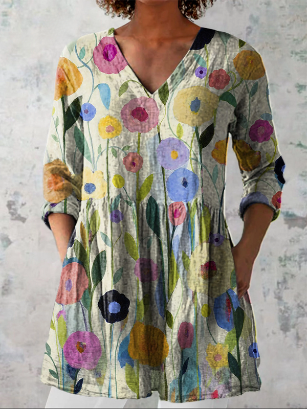 Estela | Blusa Larga con Flores Pintadas de Tallo Largo