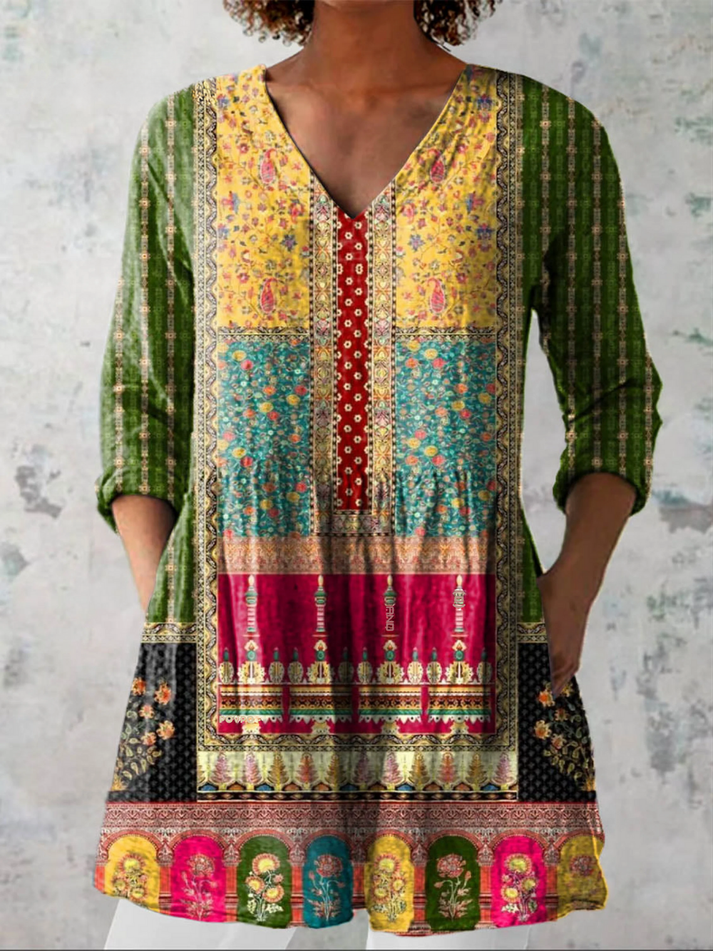 Emilia | Blusa Larga con Paneles Estampados y Cenefa de Arcos