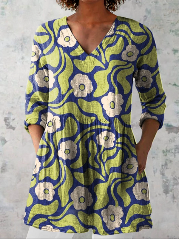 Lucía | Blusa Larga de Cuello V con Hojas y Flores
