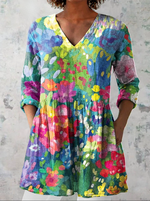 Jimena | Blusa Larga de Cuello V con Flores Pintadas