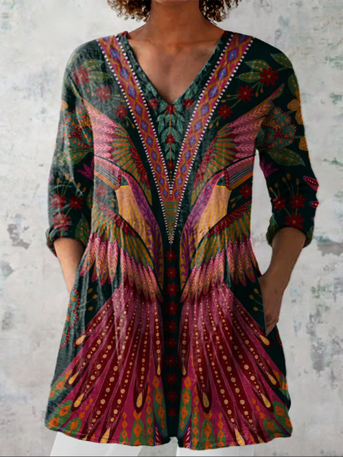Ana | Blusa Larga con Estampado de Aves y Plumas