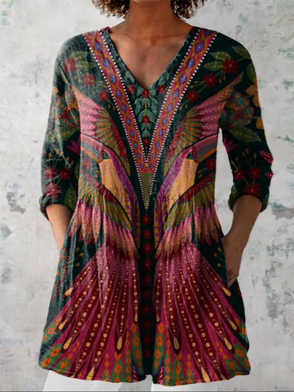 Ana | Blusa Larga con Estampado de Aves y Plumas