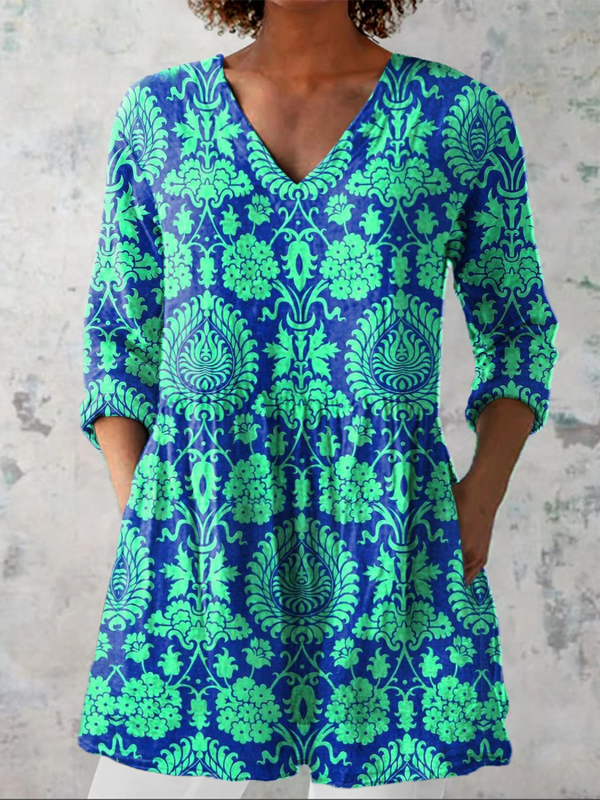 Gabriela | Blusa Larga con Estampado Damasco y Cuello V