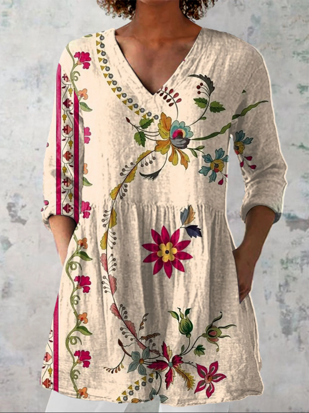 Clara | Blusa Larga con Guía Floral y Cenefa Lateral