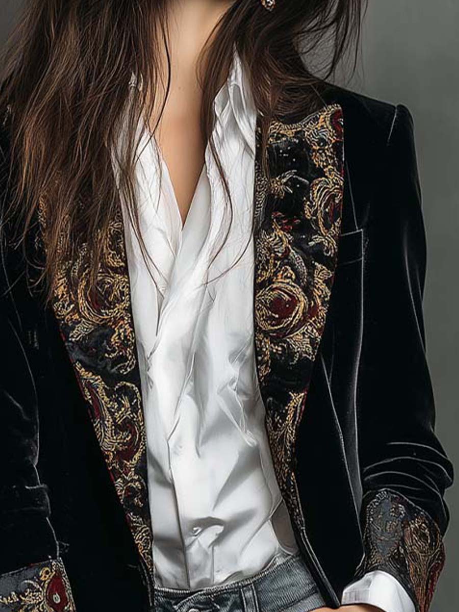Regina | Blazer Largo con Solapas de Estampado Barroco