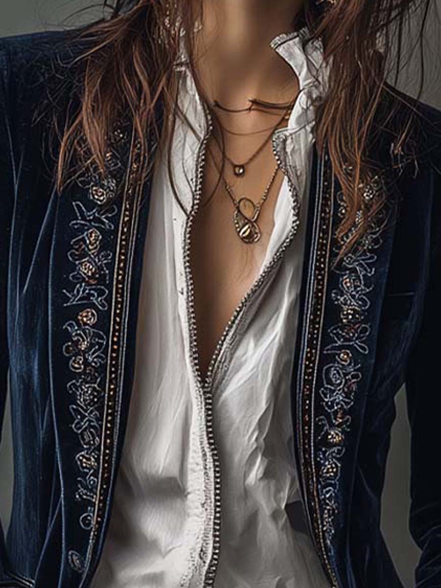 Sofía | Blazer Largo con Bordado en Solapas y Puños