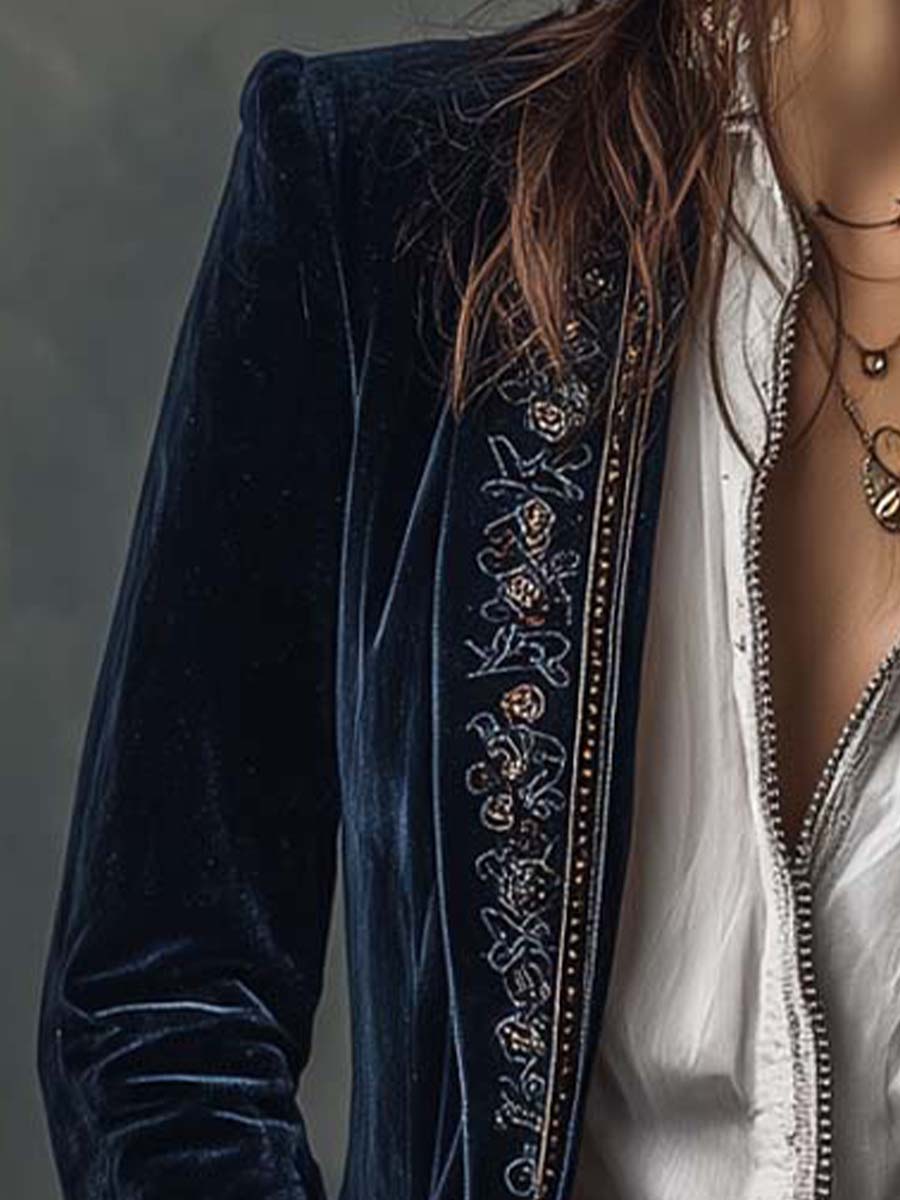 Sofía | Blazer Largo con Bordado en Solapas y Puños