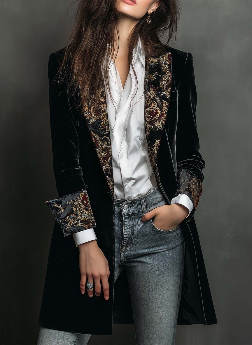 Regina | Blazer Largo con Solapas de Estampado Barroco