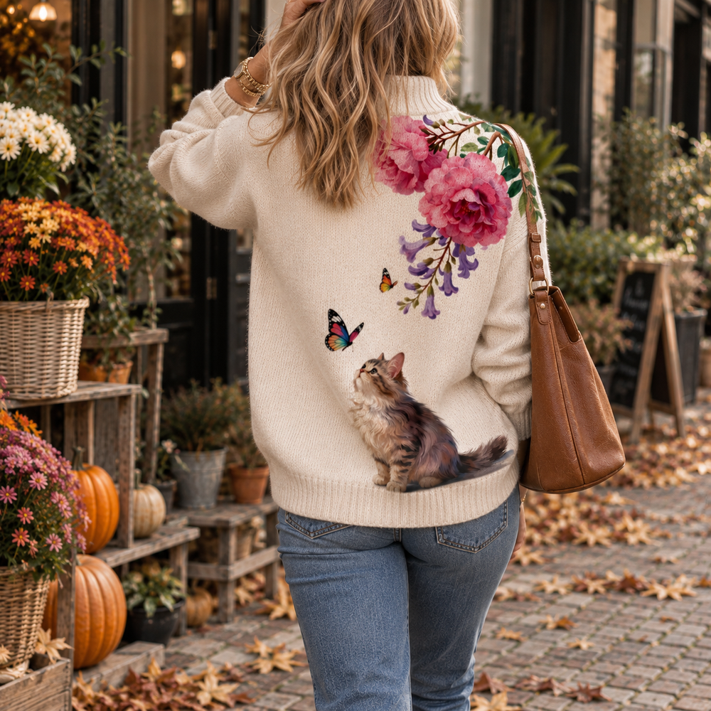 Paloma | Suéter de Cuello Alto con Gato y Flores