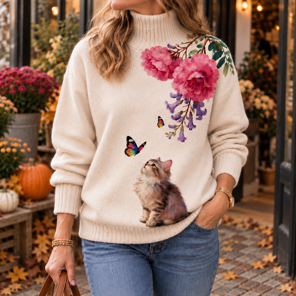 Paloma | Suéter de Cuello Alto con Gato y Flores