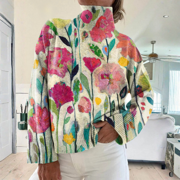 Estela | Suéter de Cuello Alto con Flores Pintadas