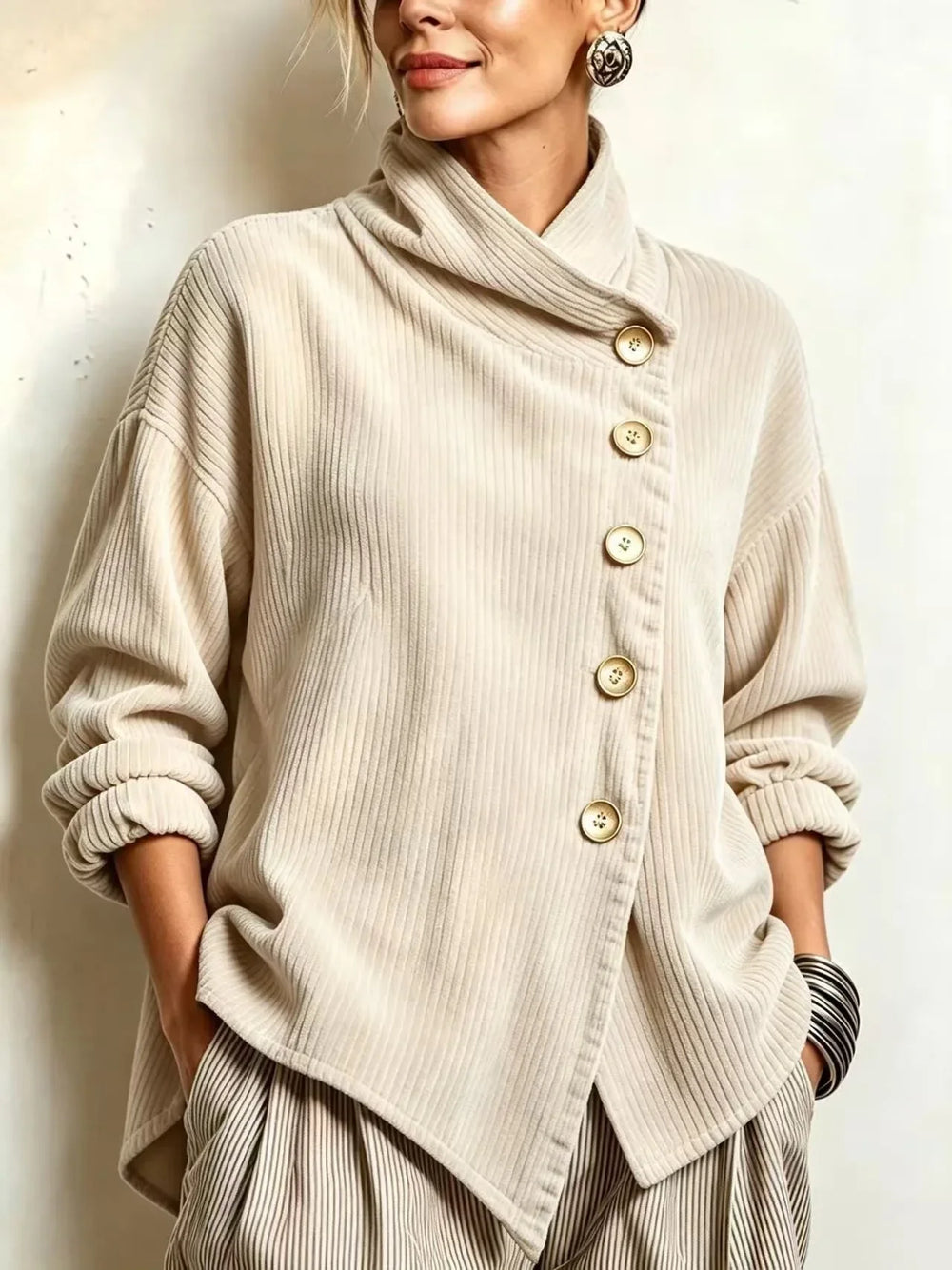 Mariana | Blusa Acanalada de Cuello Envolvente con Botones