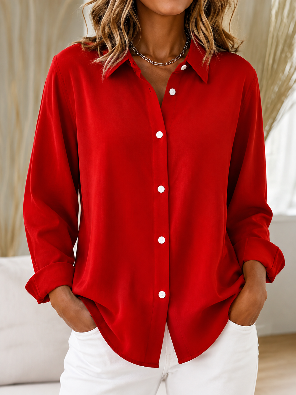 Camila | Blusa de Cuello Camisero con Botonadura Oculta