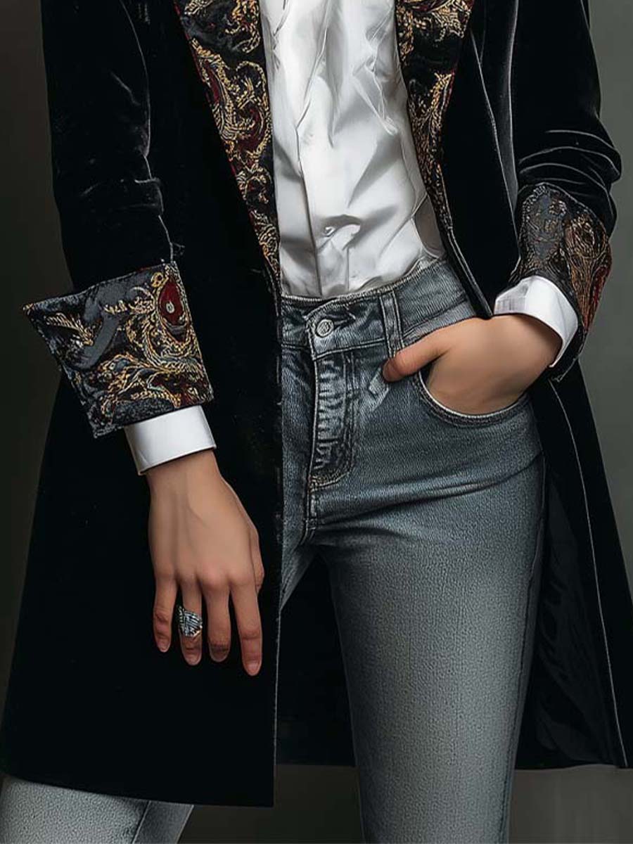 Regina | Blazer Largo con Solapas de Estampado Barroco