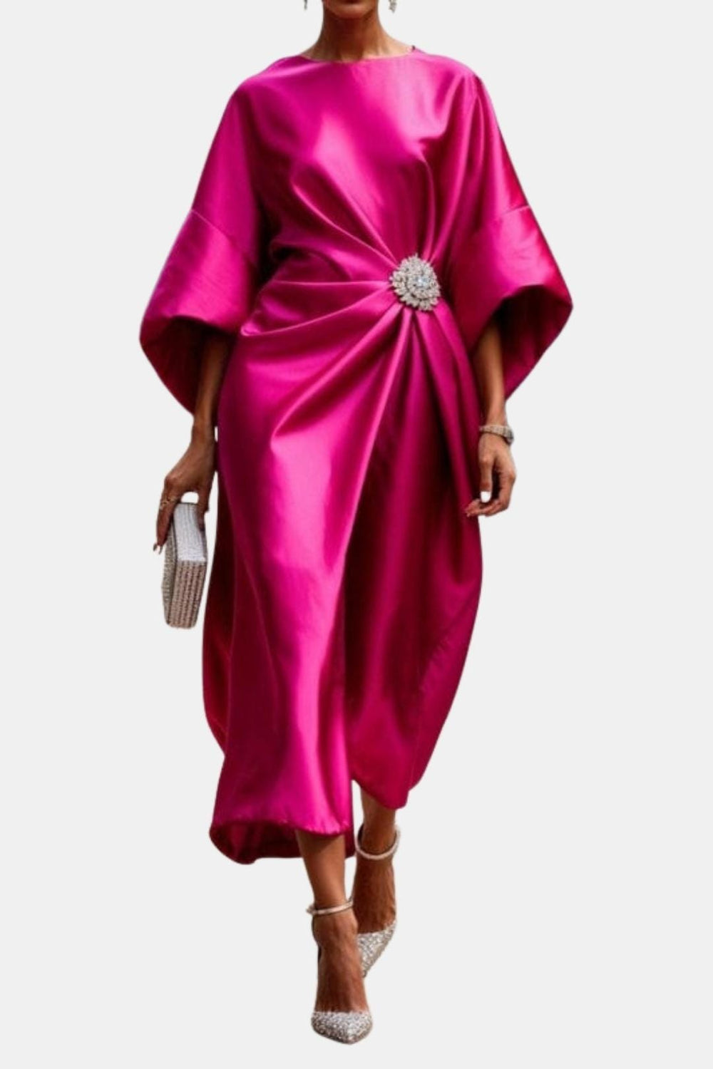 Catalina | Vestido Satinado de Manga Amplia y Corte Evasé