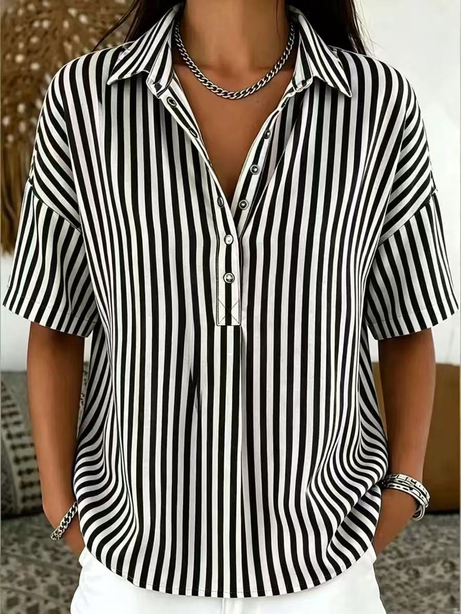 Marisol | Blusa de Rayas con Cuello y Manga Corta