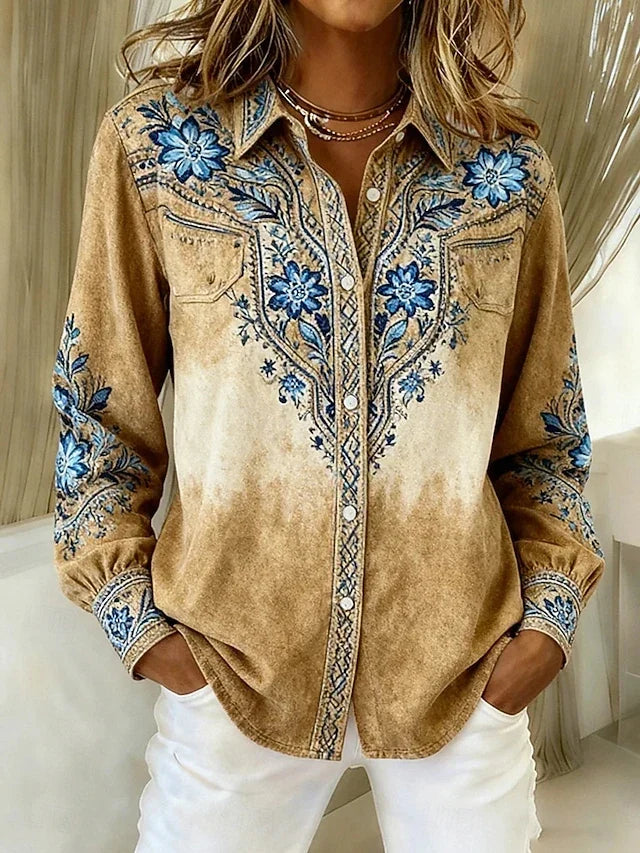 Antonia | Blusa Estilo Vaquero con Flores y Bolsillos