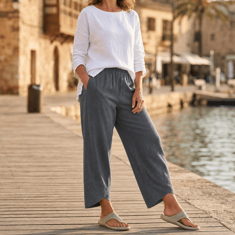 Valentina | Pantalón Capri Pierna Ancha con Dobladillo Asimétrico