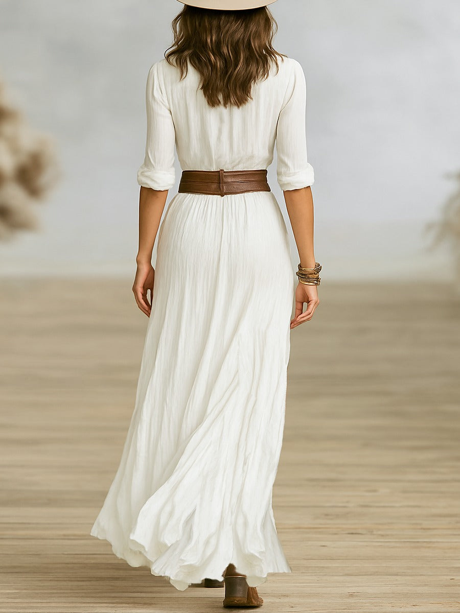 Ximena | Vestido Midi con Cinturón y Solapas Plisadas